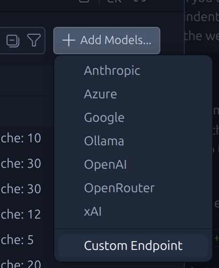 The 'Add Models' menu with 'Custom Endpoints' selected