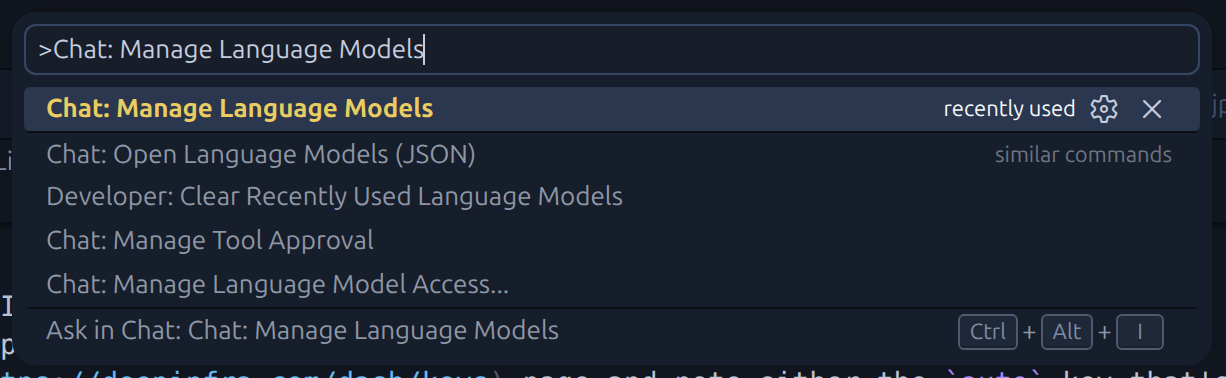 Command palette showing the &ldquo;Chat: Manage Language Models&rdquo; option