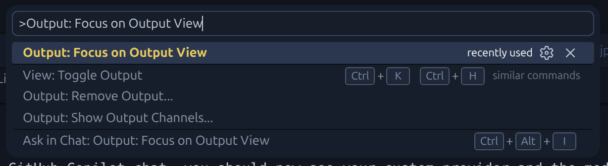 Output view showing GitHub Copilot Chat logs