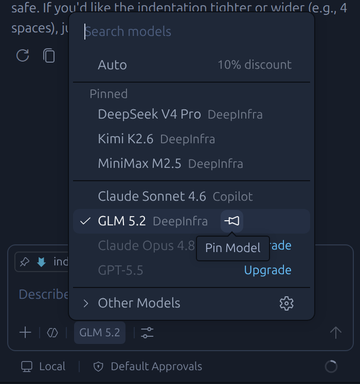 GitHub Copilot model picker showing the custom DeepInfra model