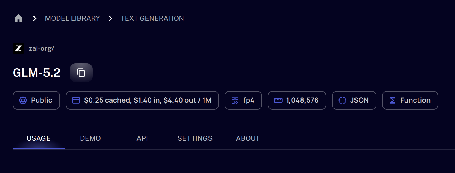 DeepInfra model details page for GLM-5.2